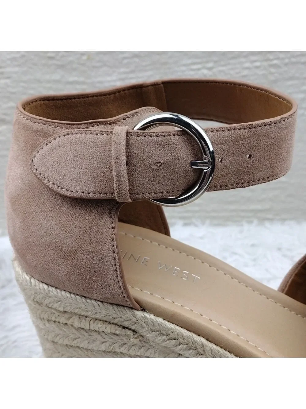 NINE West Adell Pink Faux Suede Open Toe Ankle Strap Platform Wedge Espadrilles